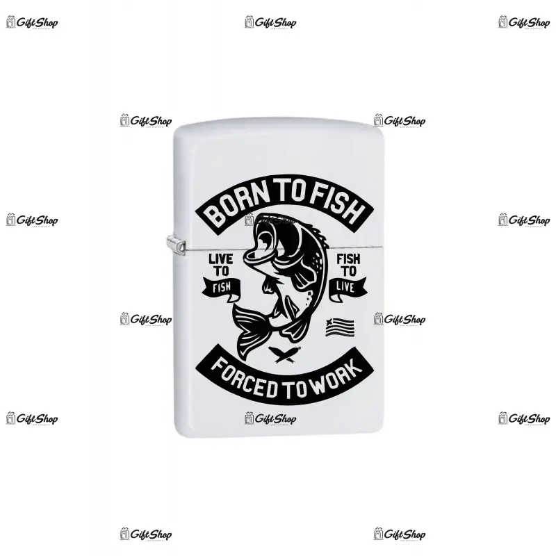 Born to fish forced to work, bricheta metalica gravata laser cu mesaj